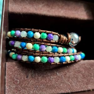 Leather Gemstone Wrap Bracelet w.Silver Ball Clasp